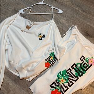 Victoria's Secret Pink White floral sweatsuit set.